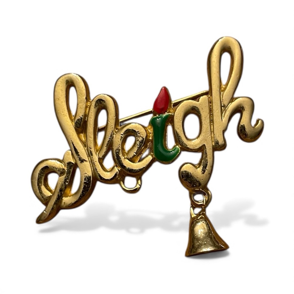 Christmas SLEIGH Brooch Dangling Bell Pin Spell Out Holiday Vintage Gold Tone
